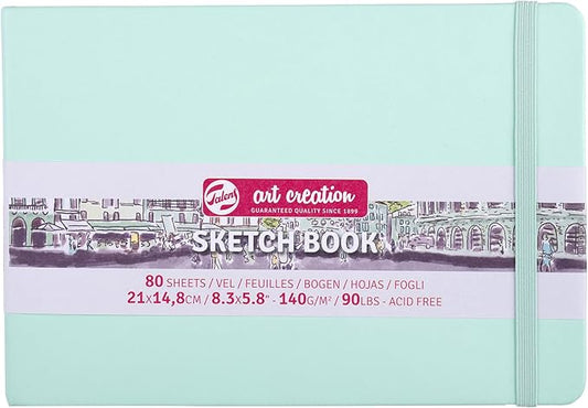Talens Art Creation Sketchbook, Fresh Mint, 80 Sheets, 8.3 x 5.8 in | Hard-Bound Pocket Notebook, 140 GSM/94 lbs Paper, Acid-Free Cream Blank Paper, Ribbon Bookmark and Elastic Closure