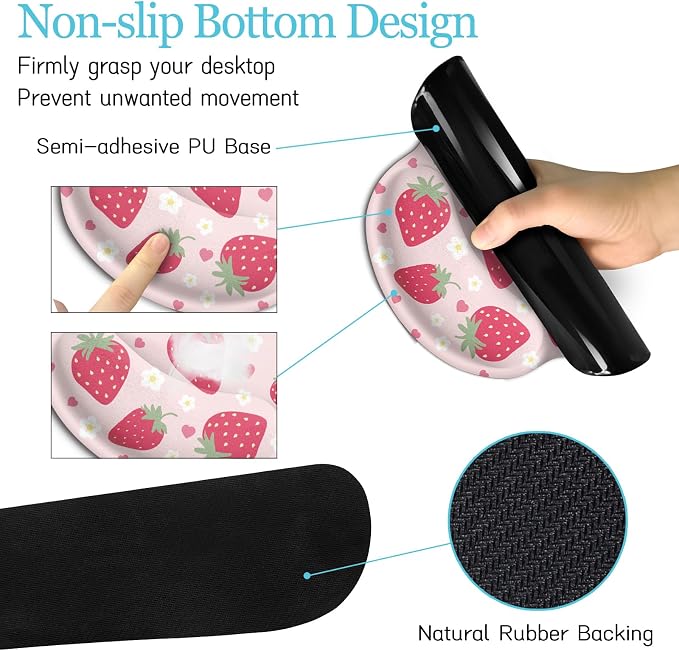 LIMKRIAN Strawberry Mouse Pad Large Desk Mat Set, Pink Ergonomic Mouse Pad | Wrist Rest for Computer Keyboard, Memory Foam Wrist Support, Coaster, Desk Pad, Cute Office Desk Decor Accessories Supplies