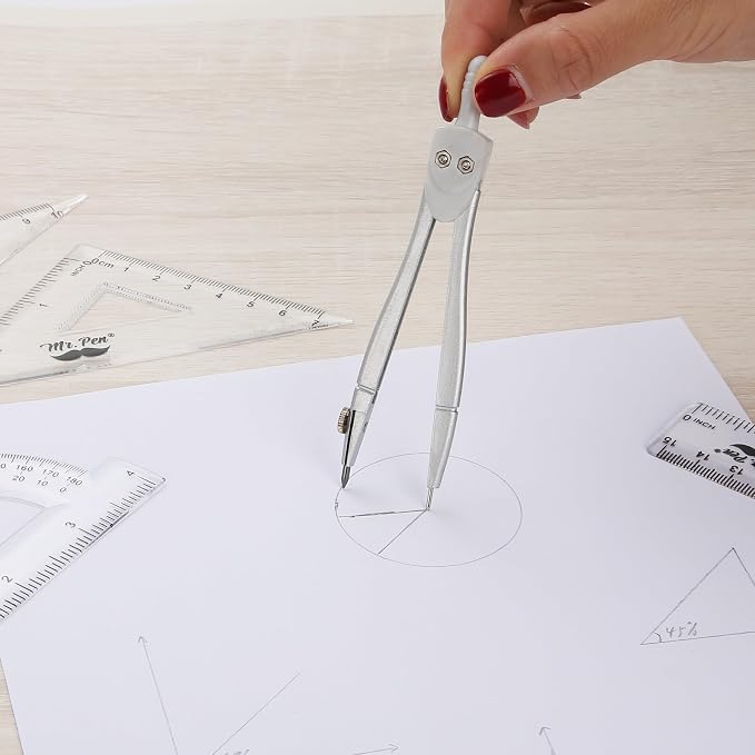 Mr. Pen- Geometry Set, 13 pcs, 3 Metal Compasses, Protractor, 6" Ruler | 45° & 30°/60° Set Squares, Pencils, Lead Refills, Sharpener & Eraser for Math, Drafting & Classroom Use | 45° & 30°/60° Set Squares, Pencils, Lead Refills, Sharpener & Eraser for ...