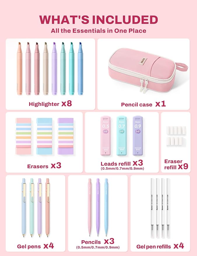 SUNEE 35PCS Aesthetic Stationery Set with Cute Pencil Case, Pastel Highlighters, Black Gel Pens, Mechanical Pencils & Refills, College School Supplies for Students Girls Pink