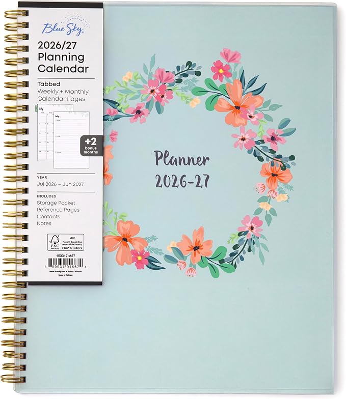 Blue Sky 2026-2027 Weekly & Monthly Academic Planner, 8.5"x11", Laurel | July 2026 - June 2027, Flexible Cover, Wirebound, Laminated Tabs, Storage Pocket, Academic Year