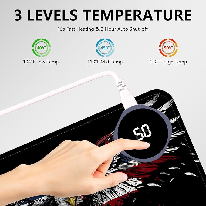 Heated Mouse Pad with 3 Levels Heated & 3 Hours Auto Shut-Off Mouse Pad for Warming Hands in Office Home, 31.5" x 13"Large Safe Desk Mat Hand Warmer，Flying Flag Eagle