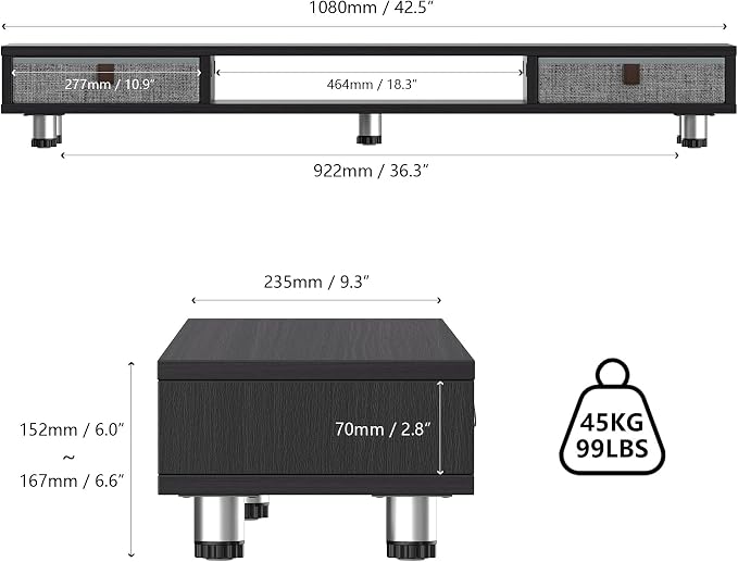 Fenge Dual Monitor Stand, 2-Tier Desk Organizer with Drawers, 42.5in, Black | Monitor Riser with Storage, Ergonomic Height Adjustable Computer Stand, Desk Shelf for Top of Desk, Laptop, PC, TV