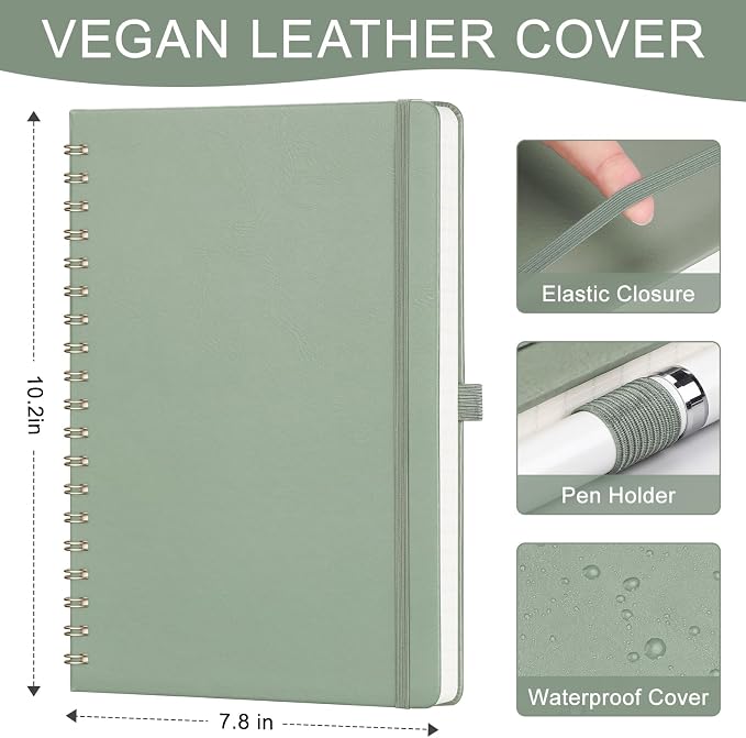 AHGXG Lined Spiral Journal Notebook, 140 Pages, B5 (7.6" x 10") | Journals for Women, Hardcover Leather Notebook College Ruled, 100 GSM Paper, for Work School Note Taking (Sage Green)