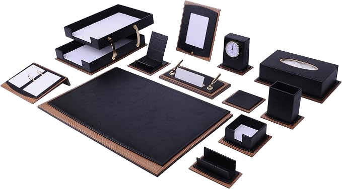 Star Lux Bonded Leather Executive Desk Set – Luxury Desk Organizer & Office Accessories, 14-Piece Set with Desk Pad, Double Document Tray, Clock & Gift-Ready Design
