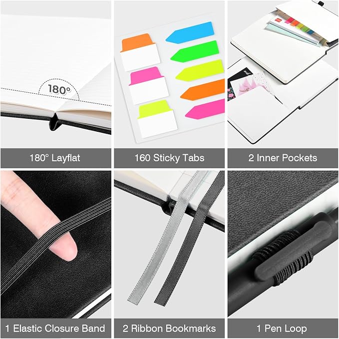 OMEYA A5 Hardcover Notebooks for Work: 3 Pack, Black, 100gsm Thick Paper | Each 160 Lined Pages, 5.75" x 8.38", PU Leather Hardcover, 3 Pens, 2 Inner Pockets, 180° Lay-Flat, For Business, School
