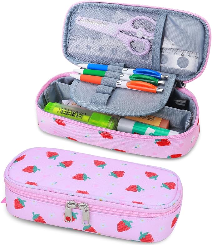 RHCPFOVR Kids Pencil Case for Girls-Soft Zipper Large Capacity Pencil Pouch for Girls Pencil Case for School Pencil Bag for Toddler (Pink Strawberry)