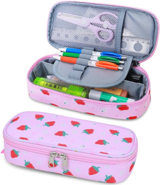 RHCPFOVR Kids Pencil Case for Girls-Soft Zipper Large Capacity Pencil Pouch for Girls Pencil Case for School Pencil Bag for Toddler (Pink Strawberry)