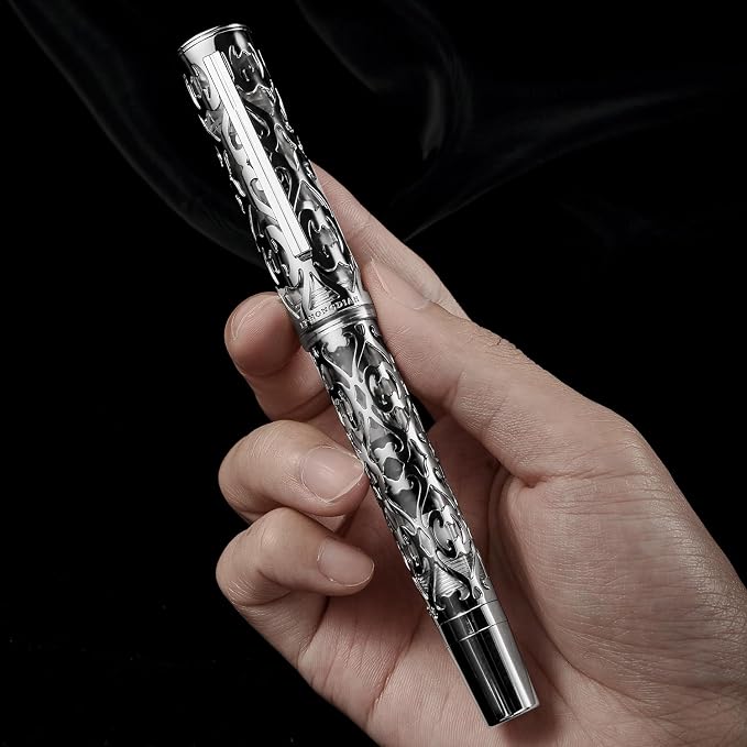 HONG DIAN D1 Piston Fountain Pen Extra Fine Nib, Hollow Skeleton & Resin Pen with Metal Case Set (Silver)