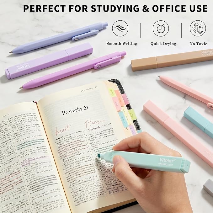 Piochoo Highlighters and Pens Set, 6 Aesthetic Highlighters and 6 Black Ink Gel Pens Fine Point Tip for Women Nurse Bible Study, Journaling, School and Office Supplies