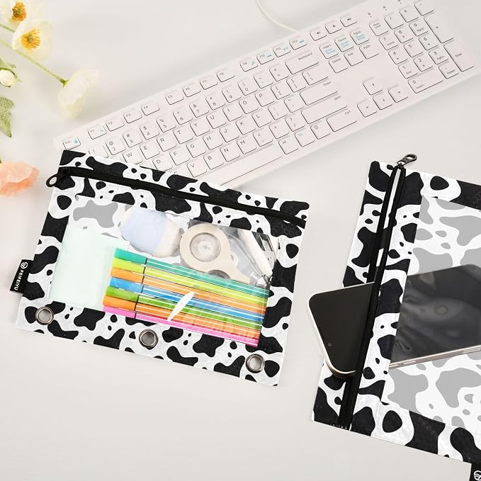 Black and White Cow Spot Print Pencil Pouch for 3 Ring Binder 2 Pack Zipper Binder Pencil Bag with Clear Window Pencil Case for Office Supplies