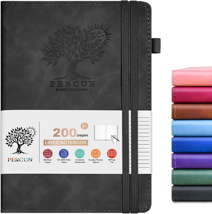 PERCUN Lined Journal Notebook 200 Pages Hardcover Leather Journal 5.9"x8.5" | A5 writing journal for women, men, business, travel, school, college ruled pages, daily diary