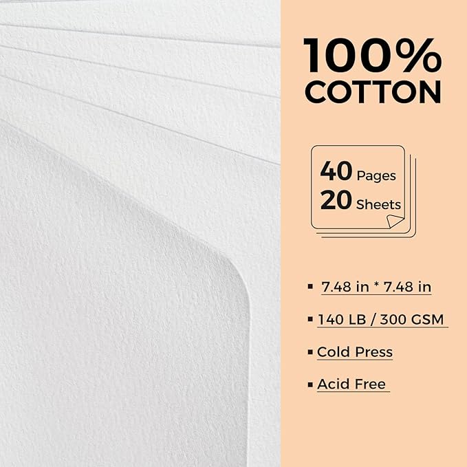 Watercolor Journal - 100% Cotton Cold Press Paper | 20 Sheets 40 Pages | 300GSM (140lb) | Linen Cotton Cover Watercolor Sketch Books for Artists Painting,Mixed Media 7.48 x 7.48 in