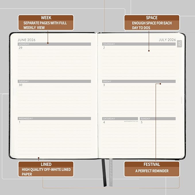 2026-2027 Planner - Planner 2026-2027 with Pen Loop, Jul 2026 - Jun 2027, to Achieve Your Goals & Improve Productivity, Thick Paper, 40 Note Pages, Inner Pocket, 5.75" x 8.25" - Black