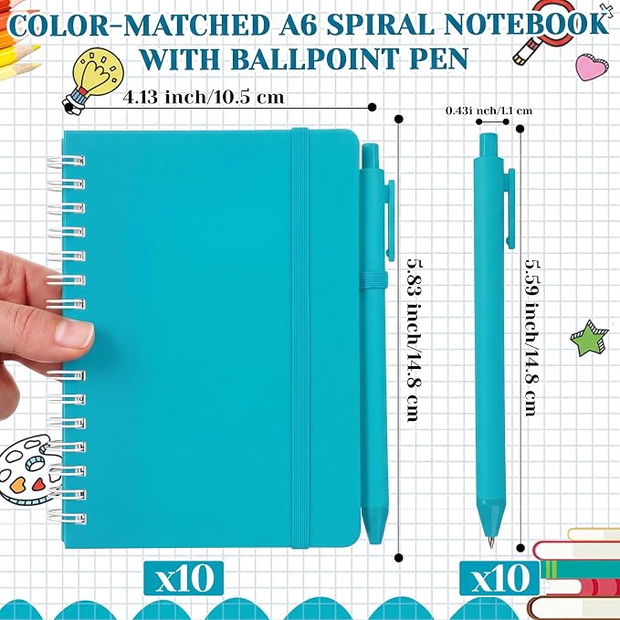 Fulmoon 10 Set Small Spiral Notebooks A6 with Pens Bulk, Multicolor 4" x 6" Pocket Notebooks Mini Lined Journals 50 Sheets for Back to School Supplies Students Rewards Office Gifts (Teal Blue)