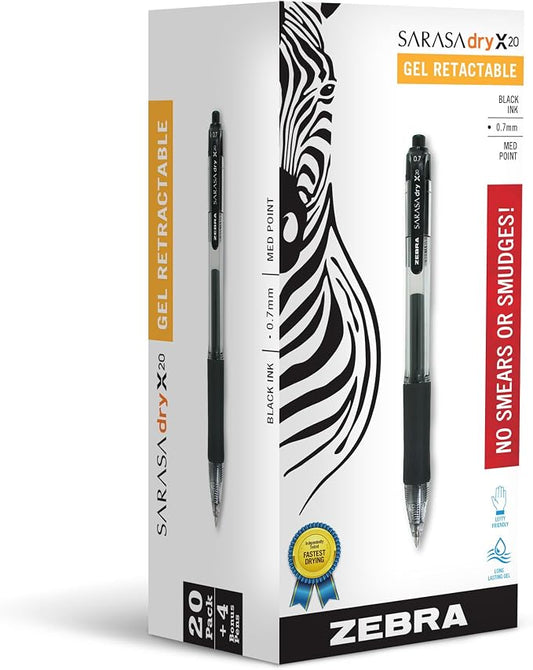 Zebra Pen Sarasa Dry X20 Retractable Gel Pens, 0.7mm Medium Point, Black Ink with Rapid Dry Ink Technology, Ideal for the Left-Handed, Eliminates Smudging and Smearing in Seconds, 24-Pack (14680)