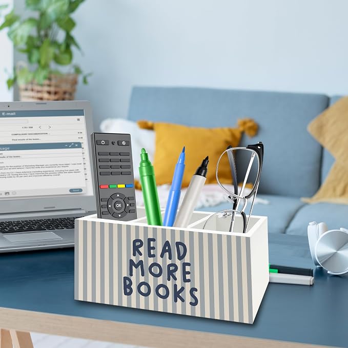 Reading Room Decor Pen Pencil Holder Organizer for Desk,Read More Books Blue Striped Wooden Box Signs Decorations for Reading Room Classroom Library Desk Tabletop, Book Lover Reader Gifts