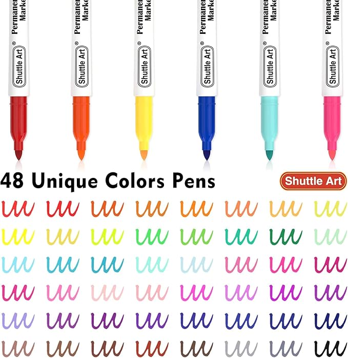Shuttle Art Permanent Markers, 48 Colors Fine Point, Assorted Colors with Travel Case, Ideal for Adults Coloring Doodling on Plastic, Glass, Wood and Stone, Gift for Students