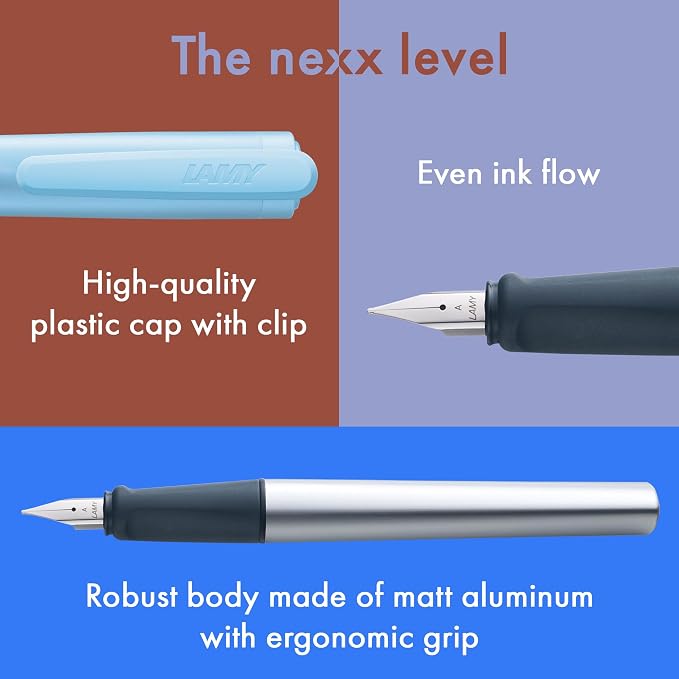 LAMY nexx azure – Fountain Pen with slip-proof grip & polished steel nib in size M - triangular aluminum body - including LAMY T 10 blue cartridge - Right-Handed