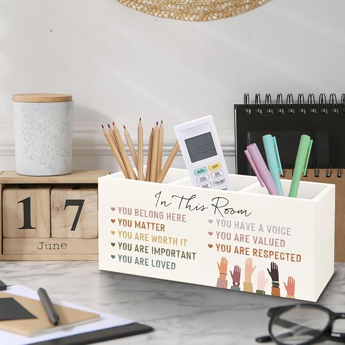 Inspirational Diversity Inclusive Wooden Pen Pencil Holder for Desk, Motivational Positive Affirmation Wood Makeup Brush Toothbrush Holder Organizer for Kids Room Playroom Classroom