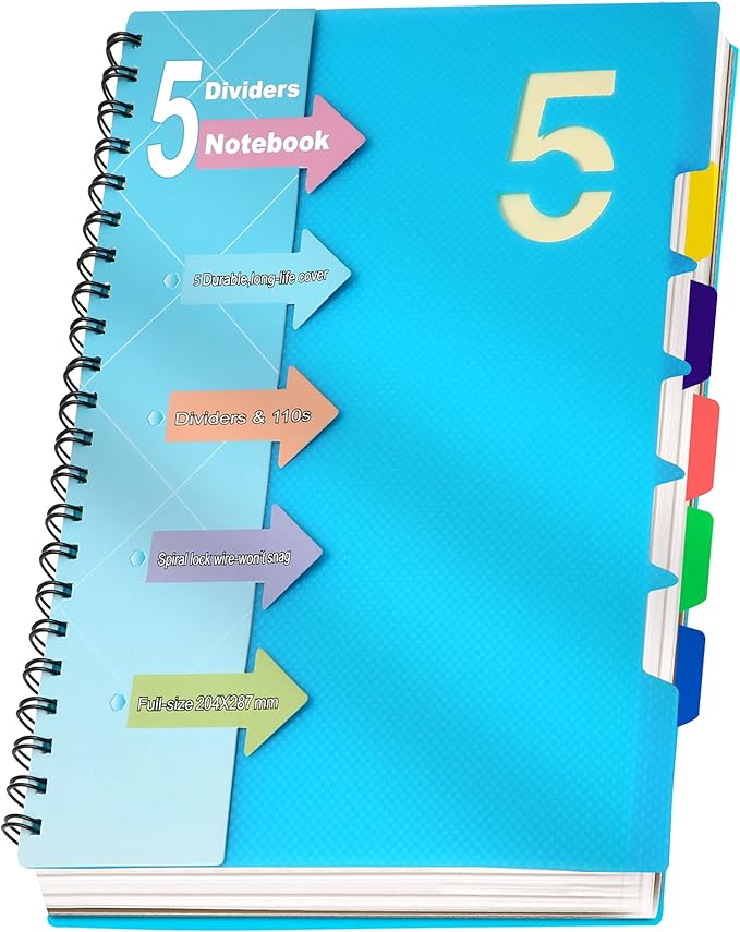 CAGIE 5 Subject Notebook 8.5 x 11, A4 Spiral Notebooks with Dividers Tabs | College Ruled 240 Pages Spiral Notebook for Note Taking, School, Work, Blue