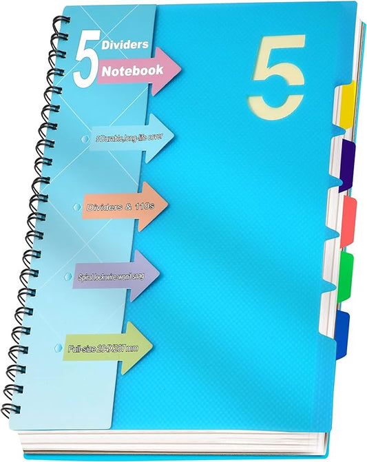 CAGIE 5 Subject Notebook 8.5 x 11, A4 Spiral Notebooks with Dividers Tabs | College Ruled 240 Pages Spiral Notebook for Note Taking, School, Work, Blue