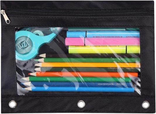 3-Ring Pen Pencil Pouch with Clear Window Stationery Bag Binder Case Classroom Organizers Black