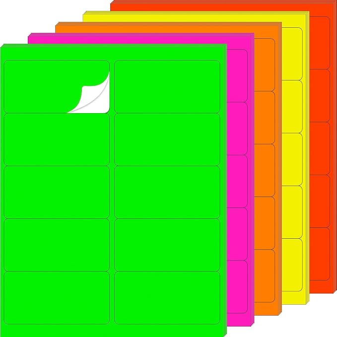 YSHIHE Fluorescent Shipping Address Labels,2“ x 4“ Neon Label 200 PCS | 5 Colors Neon Stickers for Inkjet or Laser Printer for Moving Lables,Mailing Shipping Envelopes and Organization 20 Sheets