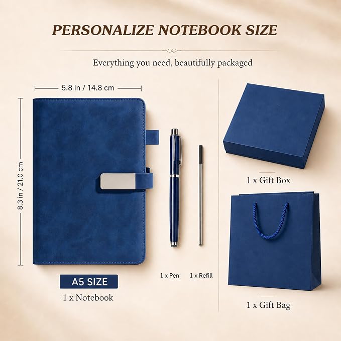 CRME Personalized Leather Journal with Pen and Gift Box,Engraved A5 Hardcover Notebook with Custom Name,Personalized Notebook and Pen Set for Office Work Travel,5.8"x 8.3",Blue