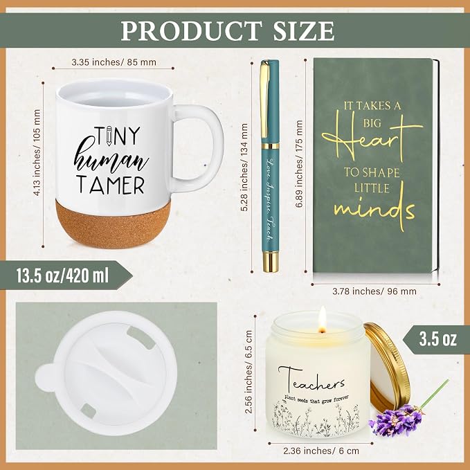 Sayglossy 4 Pcs Tiny Humans Tamer Gift Set Back to School Teacher Appreciation Gift for Preschool Kindergarten Daycare Teacher Thank You Notebook Coffee Mug Cup with Lid Scented Candle Pen