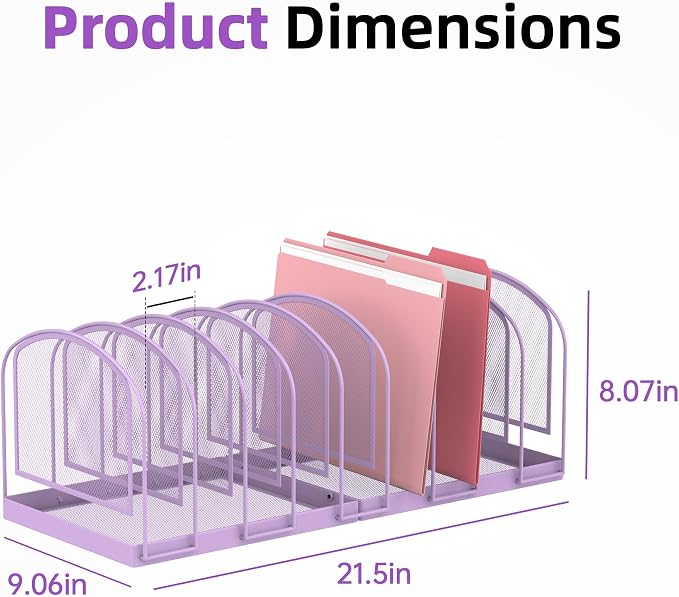 SUPEASY 9-Section File Organizer for Desk, Metal File Folder Holder, Purple | 9 Vertical Compartments with Sturdy Metal Base for Office Documents Books Magazines and Laptop