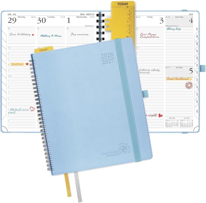 POPRUN Planner 2026-2027 (Large - 8.5'' x 10.5'') Academic Weekly Planner | Calendar(July 2026 - June 2027) Appointment Book with Hourly Time Slots, Monthly Tabs, 100GSM, Spiral Leather Cover - Blue