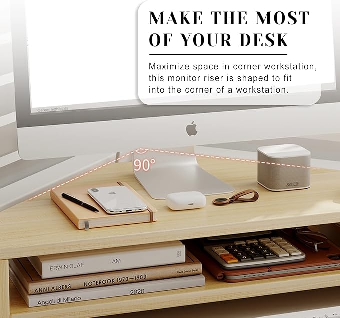 ROYUMI Double Layer Wooden Corner Monitor Stand, Monitor Riser for L Shaped Desk, Corner Laptop Stand with Slots, Space Saving Corner Desk Riser