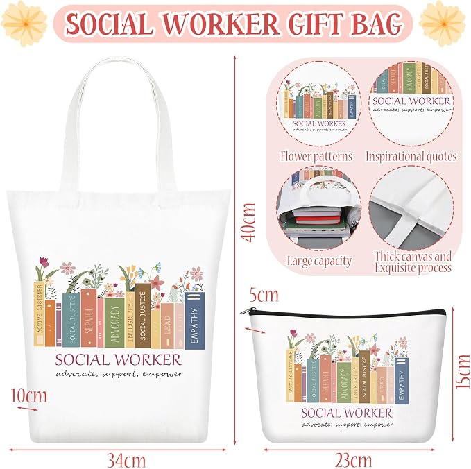 Watersay 5 Pcs Social Worker Appreciation Gifts, Cosmetic Bag, Canvas Bag, Coil Notebook, Ballpoint Pen and Keychain for Women Office School Graduation Advocate Coworker Christmas Anniversaries Gift