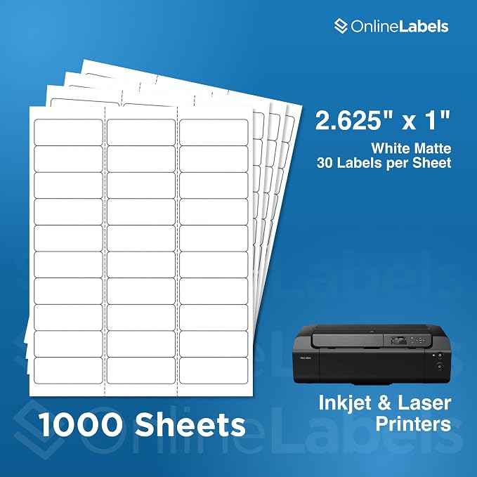 OnlineLabels 2.625" x 1" Address Labels - White Matte - 1,000 Sheets | Permanent Adhesive, Blank Rectangle Labels, Inkjet & Laser Compatible, Ideal for Address, Shipping, & Barcodes