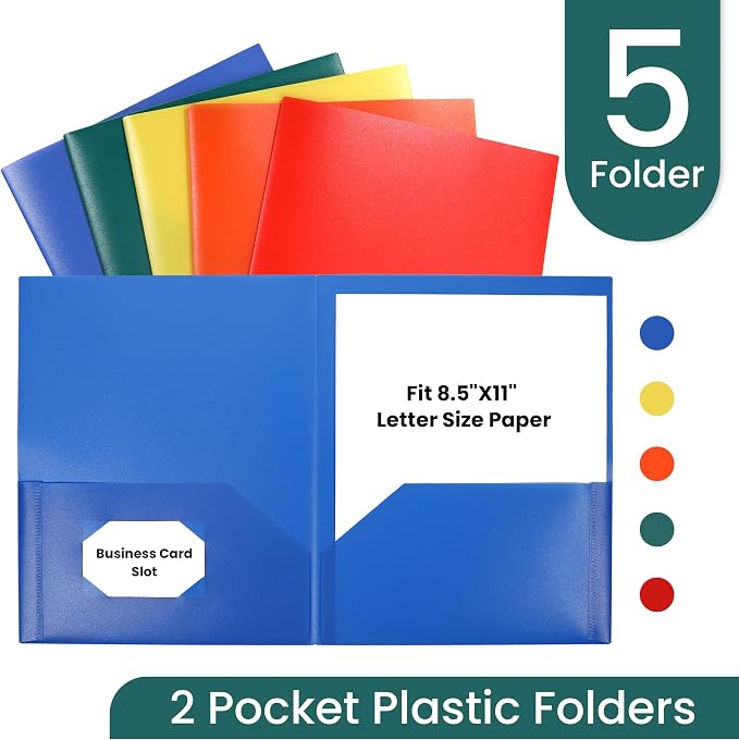 GNL Plastic Folders with Pockets, Pack of 5, Colored Heavy Duty 2 Pocket File Folders Letter Size, Pocket Folders for School, Home, and Office