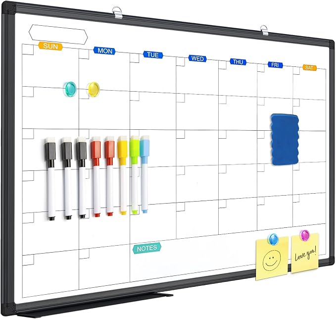 Magnetic Dry Erase Calendar Whiteboard 36" x 24" Aluminum Frame（Black） | Magnetic Monthly Planner Board, Wall Mounted or Hanging. Calendar Design Suitable for Daily Planning of Home, Office, Class