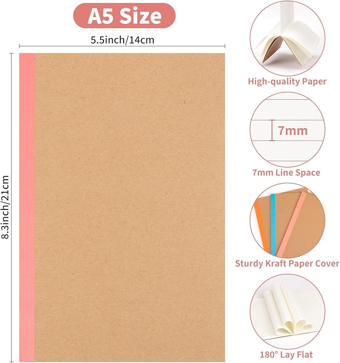ALKALO 15 Pack Lined Notebook Journals Bulk, A5 College Ruled Composition Notebook, 8.3”x 5.5”,Kraft Cover with Rainbow Spines, 15 Colors 60 Pages for School Office Travel
