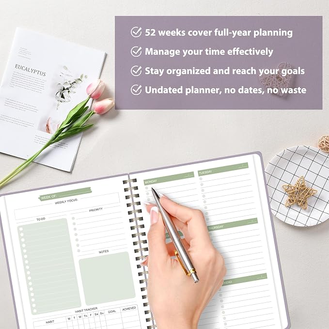 Undated Weekly Planner, Weekly To Do List Notebook, A5 Daily Planner | Office School Supplies, Spiral Binding, Inner Pocket, Goal, Organizer, Habit Tracker