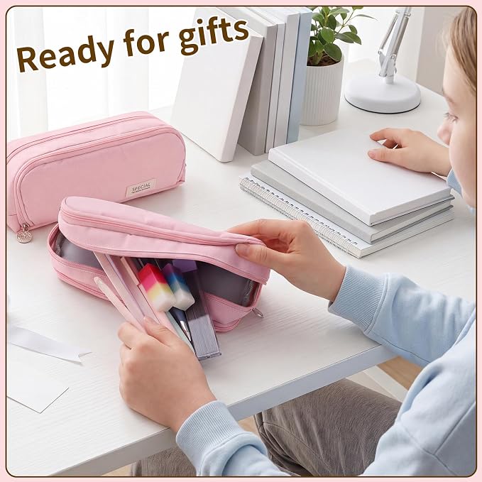 BESARME Pink Pencil Case with Supplies for College & Nursing Students 39ct | Back to School Supplies, 6 gel pens, 12 highlighters, 6 ballpoint pens, 6 mechanical pencils, refills, erasers