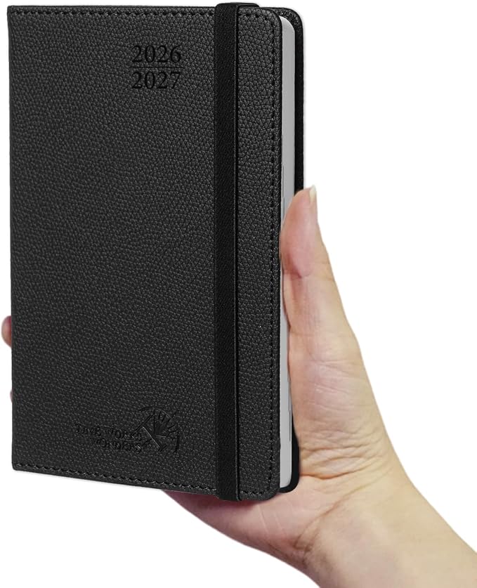 POPRUN 2026-2027 Small Weekly Planner, 4" x 6.25" Pocket Calendar for Purse | Academic Year (Jul 2026 - Jun 2027) Daily Planner with Lined Sections, Leather Hardcover, 100GSM Paper - Black