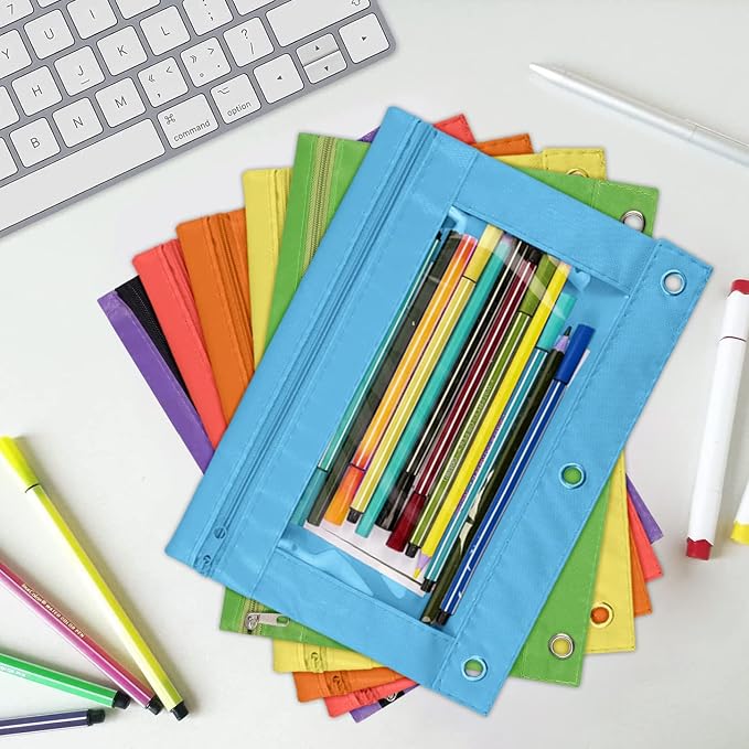 YoeeJob Pencil Pouch for 3 Ring Binder，Zipper Pencil Pouches Bulk，Pencil Case Pouch with Clear Window for Class, School, Office, 6 Colors-24 Packs
