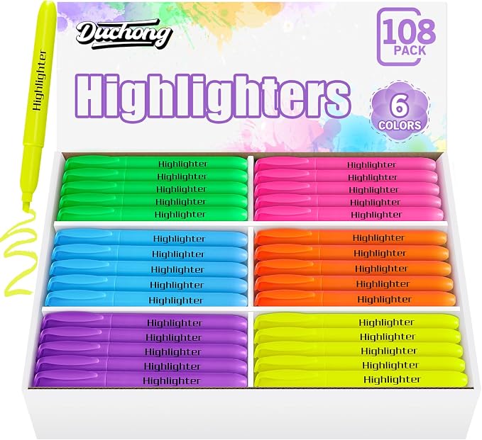 Duchong 108 Highlighters Bulk, Highlighters Assorted Colors, Chisel Tip Dry-Quickly No Bleed Highlighter, Office Classroom Must Have, Back to School Supplies for Teachers(Multicolor)