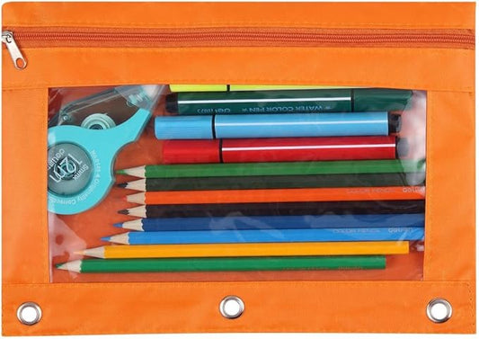 3-Ring Pen Pencil Pouch with Clear Window Stationery Bag Binder Case Classroom Organizers Orange