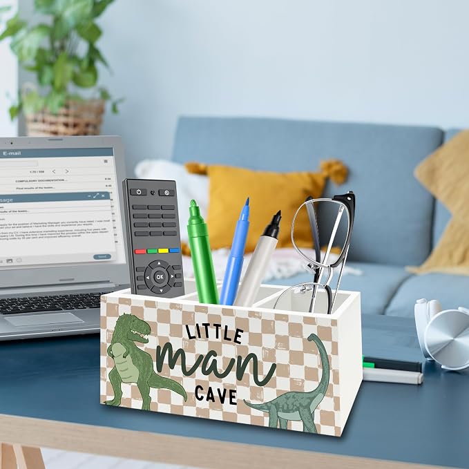 Dinosaur Pen Pencil Holder Organizer for Desk, Little Man Cave Dino Retro Neutral Checkered Wooden Box Signs Decorations for Kids Boys Room Bedroom Desk Tabletop, Dinosaur Gifts for Kids Boys