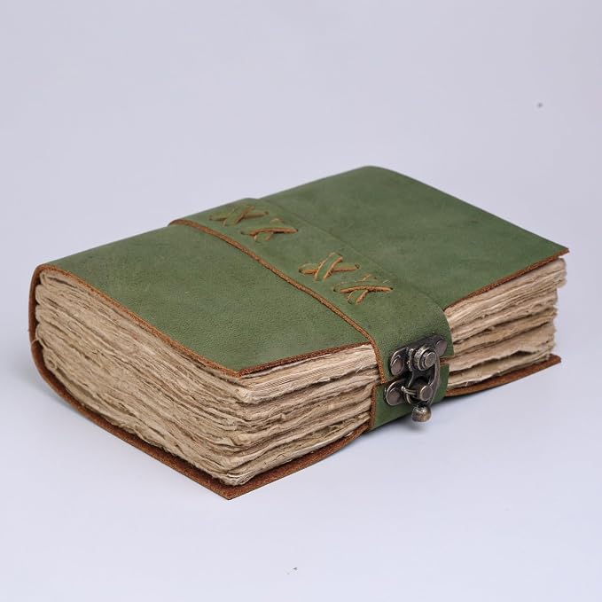 LEATHER KART Leather Bound Vintage Journal for Women & Men – Book of Shadows – Lock Closure – 200 Pages of Antique Deckle Edges Handmade Paper (Mint Green, 10 x 7 inches)