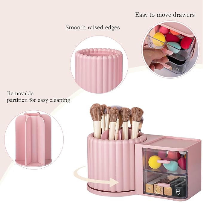 Rotating Makeup Brush Holder Organizer with Removable Dividers, Pink | 7 Slots Make Up Brush Organizer with Drawer 360 Spinning Cosmetic Storage Pen Holder for Desk, Vanity, Dresser