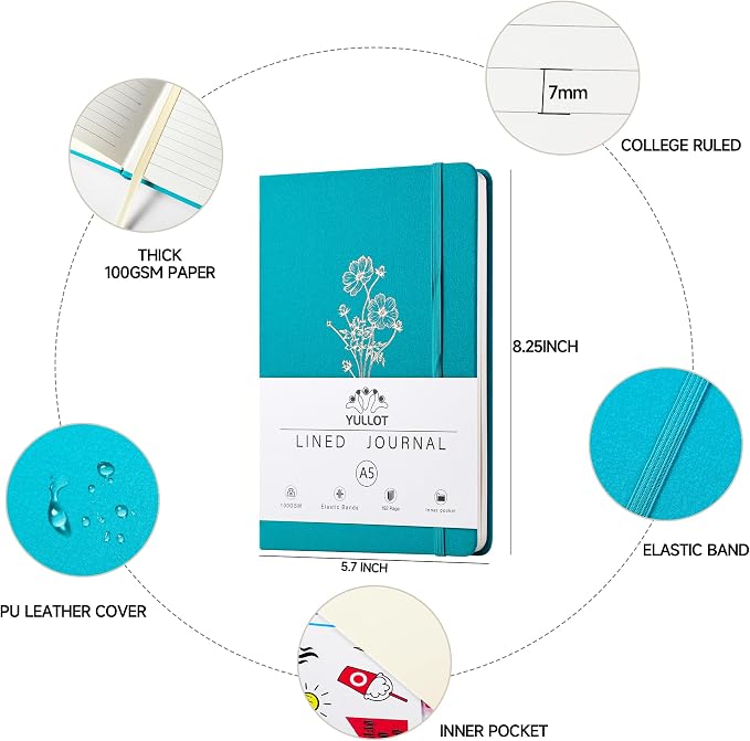 YULLOT Lined Journal Notebook –A5 PU Leather Hardcover Notebook, 100gsm Thick Bleedproof Paper with Inner Pocket – 192Pages Lined Writing Journal for Students Women Note Taking - Teal
