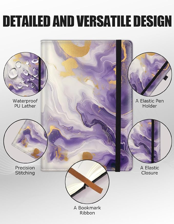 Hardcover Executive Notebooks, A5 PU Leather Lined Journal Notebook, 200 Pages Thick Paper Subject Notebooks for School,Work,Home Writing Business Notebook, Diary Book ，Purple and Gold Marble