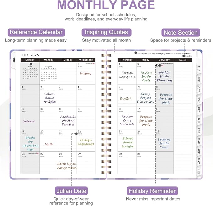 Planner 2026-2027, Weekly and Monthly Academic Year Calendar Planner, July 2026 - June 2027, Daily Agenda Book for Office School Supplies, A5(6.3'' x 8.5'')